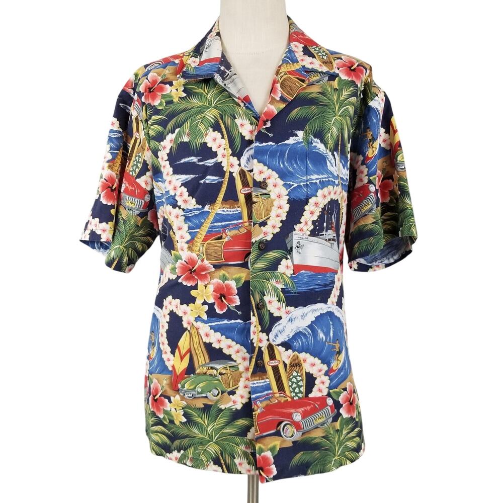 RJC Hawaiian Shirt Mens 2XL Surf Cars Flowers‎ Palm Trees Made In Hawaii Aloha